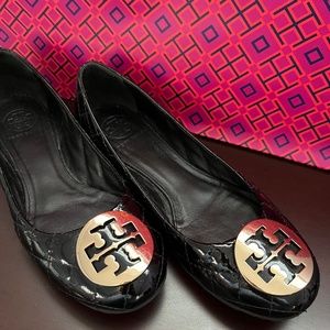 Tory Burch black patent quilted Quinn flats